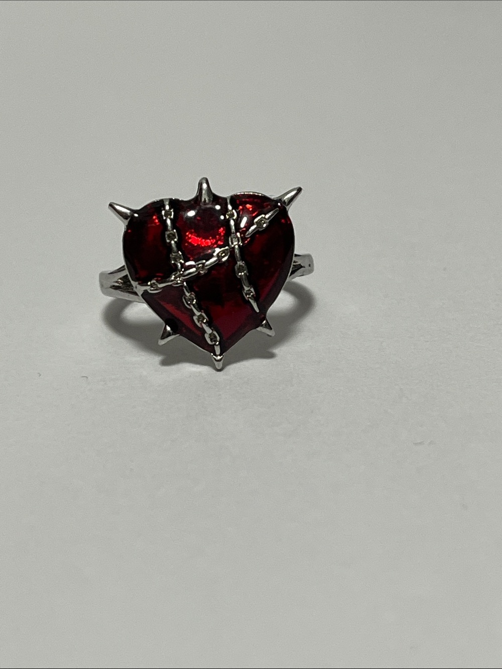 Enamel-Red Heart with Barbed Wire, silver tone ring